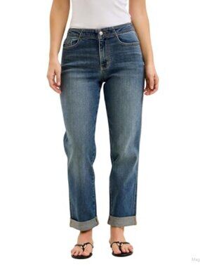 Mid Rise Boyfriend Jeans with Hollywood Waistband Dark Blue